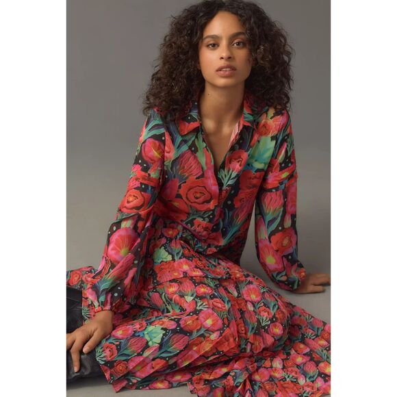 NWT Farm Rio x Anthropologie Pleated Drop-Waist Maxi Dress - Picture 2 of 12